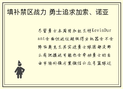 填补禁区战力 勇士追求加索、诺亚